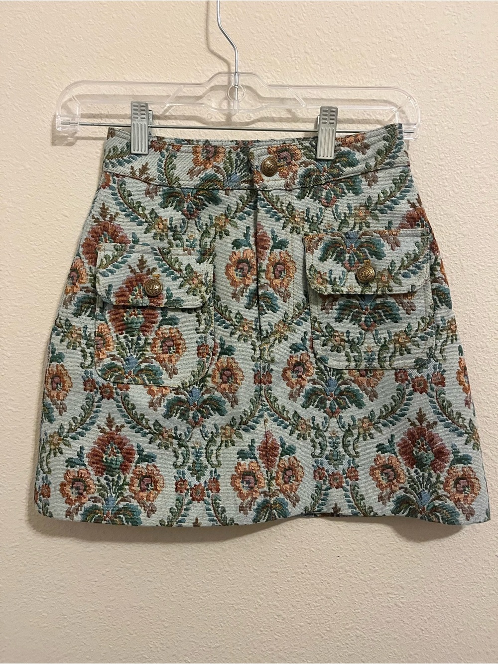 JORYA Vintage Floral Tapestry Jacquard Mini Skirt with Utility Pockets - Size 4